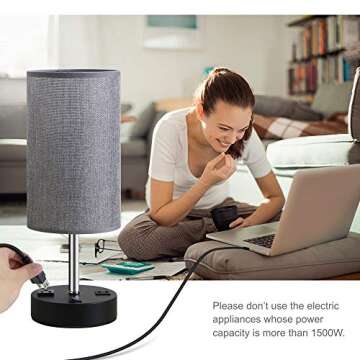 focondot Table Lamp, Bedside Nightstand Lamps with Dual USB Charging Ports & an AC Outlet, USB Lamp Set of 2 with Gray Cylinder Shade, Stylish Desk Lamp for Bedroom Living Room Office (Grey)