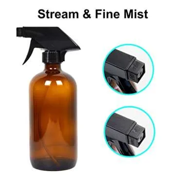 Youngever 4 Pack 16 Ounce Empty Glass Spray Bottles, Refillable Container for Essential Oils, Cleaning Products, or Aromatherapy, Trigger Sprayer with Mist and Stream Settings (Amber)