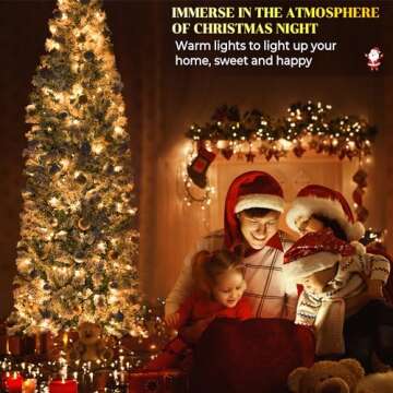 GENTEACO 6FT Pre-Lit Pencil Christmas Tree with Lights, Snow Flocked Skinny Artificial Christmas Tre...