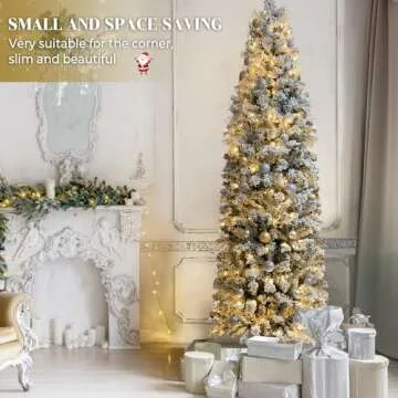 GENTEACO 6FT Pre-Lit Pencil Christmas Tree with Lights, Snow Flocked Skinny Artificial Christmas Tree, Slim Snowy Xmas Tree with 212 Warm White Lights, 463 Branches, Holiday Decoration for Indoor