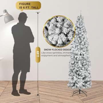 GENTEACO 6FT Pre-Lit Pencil Christmas Tree with Lights, Snow Flocked Skinny Artificial Christmas Tree, Slim Snowy Xmas Tree with 212 Warm White Lights, 463 Branches, Holiday Decoration for Indoor