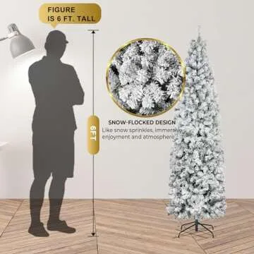 GENTEACO 6FT Pre-Lit Pencil Christmas Tree with Lights, Snow Flocked Skinny Artificial Christmas Tree, Slim Snowy Xmas Tree with 212 Warm White Lights, 463 Branches, Holiday Decoration for Indoor