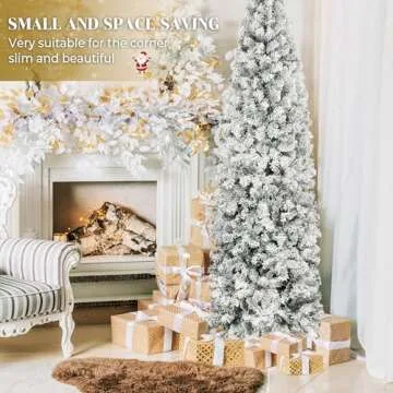 GENTEACO 6FT Pre-Lit Pencil Christmas Tree with Lights, Snow Flocked Skinny Artificial Christmas Tree, Slim Snowy Xmas Tree with 212 Warm White Lights, 463 Branches, Holiday Decoration for Indoor