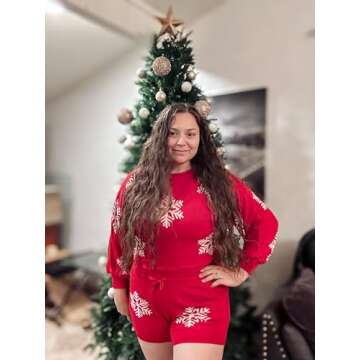 Ekouaer Knit Pajamas Set for Women Lounge Sets 2 Piece Long Sleeve Top and Shorts Pj Soft Sleepwear Cute Sweater Outfits Christmas Red S