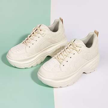 LUCKY STEP Women Chunky Platform Dad Colorblock White Neon Green Fuchsia Hologram Silver Casual Lace...