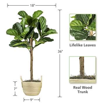 LCG Florals 3FT Artificial Fig Tree with Real-Wood Trunk & Boho Basket for Low Maintenance Decor