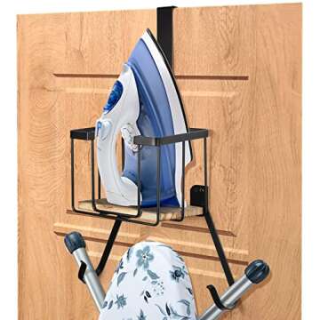 TJ.MOREE Wall Mount/Over The Door Ironing Board Holder with Large Storage Basket, Laundry Room Iron ...