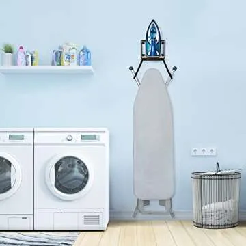 TJ.MOREE Wall Mount/Over The Door Ironing Board Holder with Large Storage Basket, Laundry Room Iron and Ironing Board Holder Storage Holder Black Middle