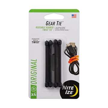 Nite Ize Original Gear Tie, Reusable Rubber Twist Tie, 3-Inch, Black, 4 Pack, Made in The USA