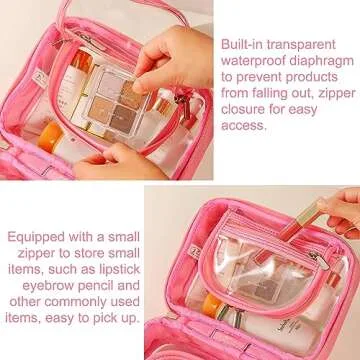 Veki TSA Approved Toiletry Bag Transparent Makeup bag Double Travel Cosmetic bags Case Waterproof Toiletries Bag Large Capacity Open Storage bag Organizer for Women and Girls (Small Rose Red)