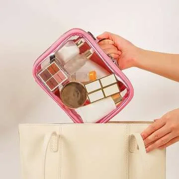 Veki TSA Approved Toiletry Bag Transparent Makeup bag Double Travel Cosmetic bags Case Waterproof Toiletries Bag Large Capacity Open Storage bag Organizer for Women and Girls (Small Rose Red)