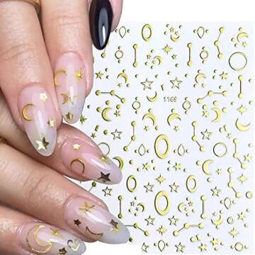 12 Sheets Gold Nail Art Stickers Decals,Nail Supplies 3D Self-Adhesive Nail Decals Metallic Stars Mo...