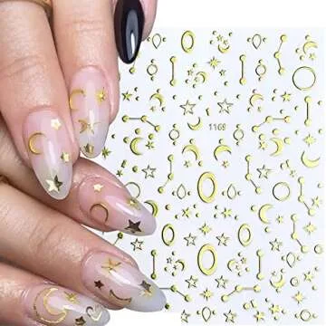 12 Sheets Gold Nail Art Stickers Decals,Nail Supplies 3D Self-Adhesive Nail Decals Metallic Stars Mo...