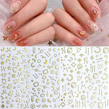 12 Sheets Gold Nail Art Stickers Decals,Nail Supplies 3D Self-Adhesive Nail Decals Metallic Stars Moon Glitter Gold Silver Nail Art Design Stickers for Women Girls Manicure Accessories Craft
