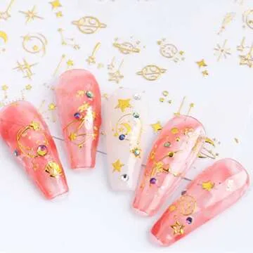 12 Sheets Gold Nail Art Stickers Decals,Nail Supplies 3D Self-Adhesive Nail Decals Metallic Stars Moon Glitter Gold Silver Nail Art Design Stickers for Women Girls Manicure Accessories Craft