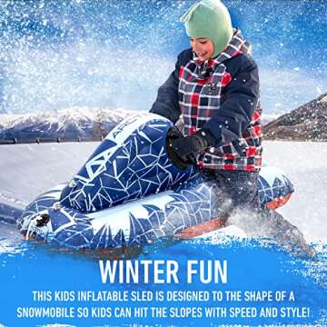 Franklin Sports Arctic Trails Inflatable Snowmobile Sled - Kids Winter Toy for Sledding - Blow Up Snowmobile Style Sled Tube for Kids Age 6+ - Heavy Duty PVC Inflatable Kids Sled with Pull Rope