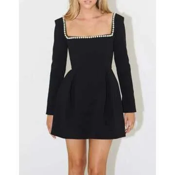 YEXPINE Women's Long Sleeve Mini Dress Pearl Square Neck Ruffle Hem Short Dress Bride Party Club Elegant Dresses Black