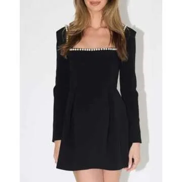 YEXPINE Women's Long Sleeve Mini Dress Pearl Square Neck Ruffle Hem Short Dress Bride Party Club Elegant Dresses Black
