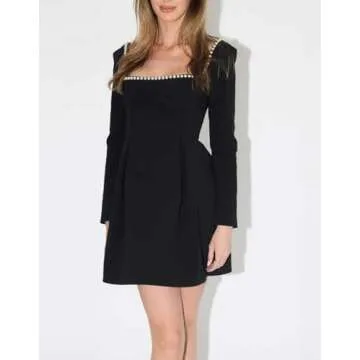 YEXPINE Women's Long Sleeve Mini Dress Pearl Square Neck Ruffle Hem Short Dress Bride Party Club Elegant Dresses Black