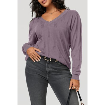 Arach&Cloz Womens Spring Tops 2025 Fashion Plus Size V Neck Long Sleeve Shirt Knitted Pullover Sweater Clothes Grey Purple