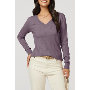 Arach&Cloz Womens Spring Tops 2025 Fashion Plus Size V Neck Long Sleeve Shirt Knitted Pullover Sweater Clothes Grey Purple