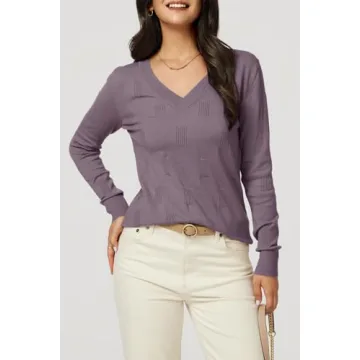 Arach&Cloz Womens Spring Tops 2025 Fashion Plus Size V Neck Long Sleeve Shirt Knitted Pullover Sweater Clothes Grey Purple