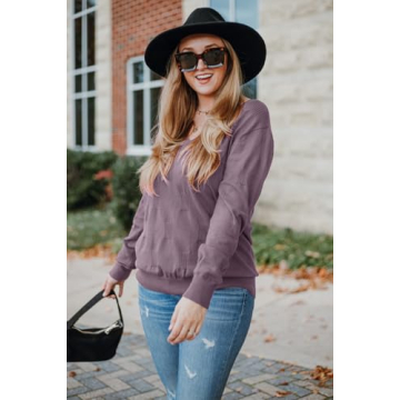 Arach&Cloz Womens Spring Tops 2025 Fashion Plus Size V Neck Long Sleeve Shirt Knitted Pullover Sweater Clothes Grey Purple