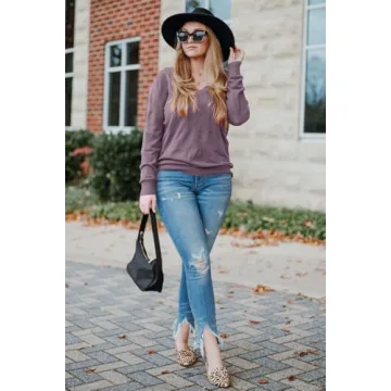 Arach&Cloz Womens Spring Tops 2025 Fashion Plus Size V Neck Long Sleeve Shirt Knitted Pullover Sweater Clothes Grey Purple