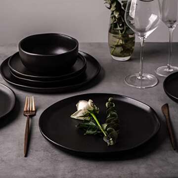 AmorArc Ceramic Dinnerware Sets, Wavy Rim Stoneware Plates and Bowls Sets, Highly Chip and Crack Resistant | Dishwasher & Microwave & Oven Safe Dishes set, Service for 4 (12pc)-Matte Black