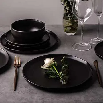 AmorArc Ceramic Dinnerware Sets, Wavy Rim Stoneware Plates and Bowls Sets, Highly Chip and Crack Resistant | Dishwasher & Microwave & Oven Safe Dishes set, Service for 4 (12pc)-Matte Black