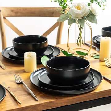 AmorArc Ceramic Dinnerware Sets, Wavy Rim Stoneware Plates and Bowls Sets, Highly Chip and Crack Resistant | Dishwasher & Microwave & Oven Safe Dishes set, Service for 4 (12pc)-Matte Black