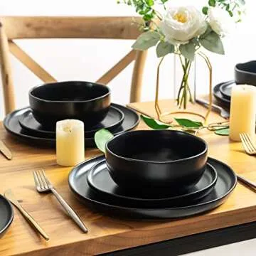 AmorArc Ceramic Dinnerware Sets, Wavy Rim Stoneware Plates and Bowls Sets, Highly Chip and Crack Resistant | Dishwasher & Microwave & Oven Safe Dishes set, Service for 4 (12pc)-Matte Black