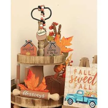 DN DECONATION 8 Pcs Fall Tiered Tray Decor Set,Fall Decorations for Home,Wooden Pumpkin Decoration, Thanksgiving Wooden Table Signs,Fall Book Stack Decor,Home, Table, Farmhouse, Gifts