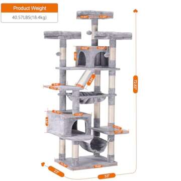 Heybly Cat Tree, 73 inches Tall Cat Tower for Large Cats 20 lbs Heavy Duty for Indoor Cats,Big Cat Furniture Condo for with Padded Plush Perch, Cozy Basket and Scratching Posts Light Gray HCT030W