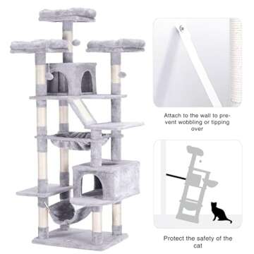 Heybly Cat Tree, 73 inches Tall Cat Tower for Large Cats 20 lbs Heavy Duty for Indoor Cats,Big Cat Furniture Condo for with Padded Plush Perch, Cozy Basket and Scratching Posts Light Gray HCT030W