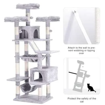 Heybly Cat Tree, 73 inches Tall Cat Tower for Large Cats 20 lbs Heavy Duty for Indoor Cats,Big Cat Furniture Condo for with Padded Plush Perch, Cozy Basket and Scratching Posts Light Gray HCT030W