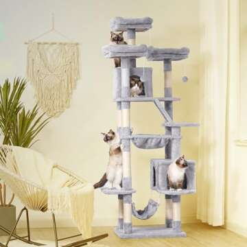 Heybly Cat Tree, 73 inches Tall Cat Tower for Large Cats 20 lbs Heavy Duty for Indoor Cats,Big Cat Furniture Condo for with Padded Plush Perch, Cozy Basket and Scratching Posts Light Gray HCT030W