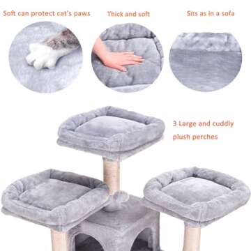 Heybly Cat Tree, 73 inches Tall Cat Tower for Large Cats 20 lbs Heavy Duty for Indoor Cats,Big Cat Furniture Condo for with Padded Plush Perch, Cozy Basket and Scratching Posts Light Gray HCT030W