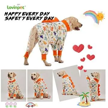 LovinPet Large Dog Onesie, Anti Licking & Post Surgery Recovery Pajamas, Lightweight Stretch Jersey Knit Jurassic Blue Prints Dog Jammies, XXL with UV Protection