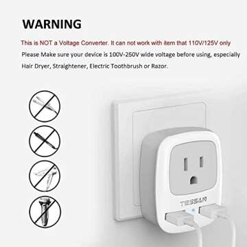 TESSAN Brazil Power Adapter Travel Plug, 3 in 1 USA Outlet Adapter with 2 USB Charging Ports and US Grounded Input Type N