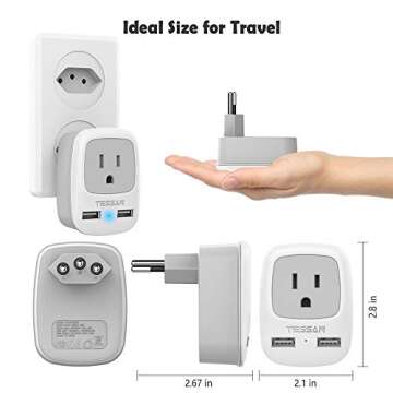 TESSAN Brazil Power Adapter Travel Plug, 3 in 1 USA Outlet Adapter with 2 USB Charging Ports and US Grounded Input Type N