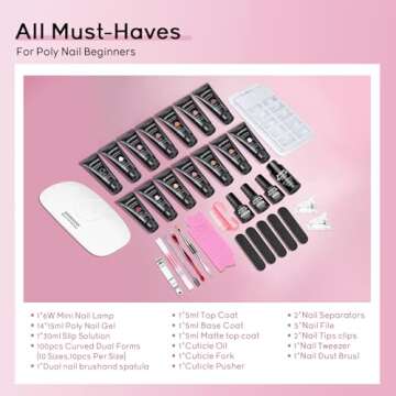 JEWHITENY Poly Extension Gel Nail Kit 14 PCS Poly Gel With Mini Nail Lamp Poly Nail Gel Kit with Slip Solution Basic Poly Gel Nail Art Tools Nail Art Design Beginner Kit