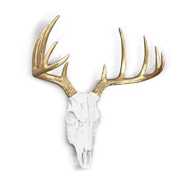 WALL CHARMERS Mini White + Gold Antler Faux Deer Skull - 16" Faux Taxidermy Animal Head Wall Decor -...