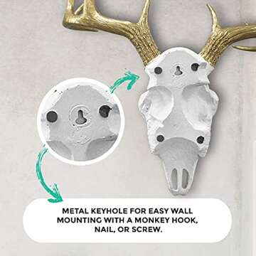 WALL CHARMERS Mini White + Gold Antler Faux Deer Skull - 16" Faux Taxidermy Animal Head Wall Decor - Handmade Farmhouse Decor