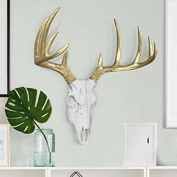 WALL CHARMERS Mini White + Gold Antler Faux Deer Skull - 16" Faux Taxidermy Animal Head Wall Decor - Handmade Farmhouse Decor