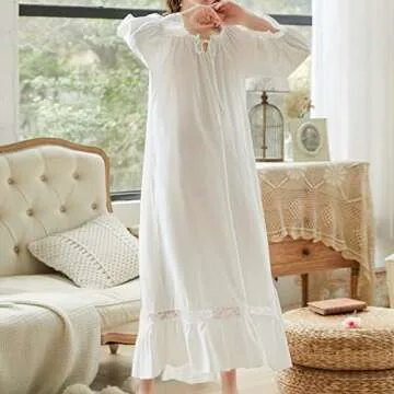 Homgro Women's Victorian Nightgown 3/4 Sleeve Frilly Cotton Night Gown Sleep Dress Pleated Lace Maxi Old Fashioned Princess Vintage Ruffle Nightdress Square Neck White Medium