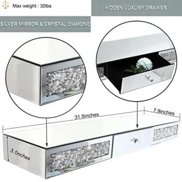 Mirrored Furniture Wall Shelf with Drawer, Crystal Diamond Floating Showcase, Silver Mirror Crushed Diamond Decorative Dressing Table, Gorgeous Bling TV Set (One Drawer, 28.1" L×8.2" W×4" H)