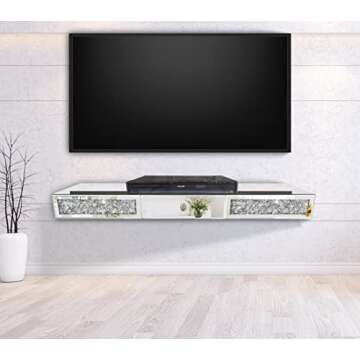 Mirrored Furniture Wall Shelf with Drawer, Crystal Diamond Floating Showcase, Silver Mirror Crushed Diamond Decorative Dressing Table, Gorgeous Bling TV Set (One Drawer, 28.1" L×8.2" W×4" H)