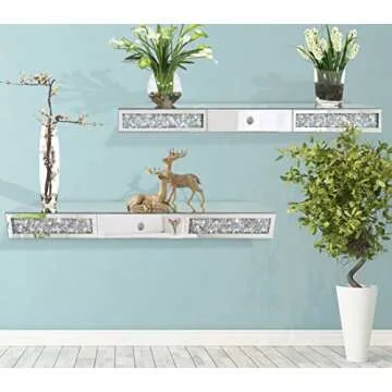 Mirrored Furniture Wall Shelf with Drawer, Crystal Diamond Floating Showcase, Silver Mirror Crushed Diamond Decorative Dressing Table, Gorgeous Bling TV Set (One Drawer, 28.1" L×8.2" W×4" H)