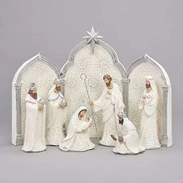 Roman 133013 Nativity Silver Dot White with Triptych Backdrop,11.25 inch